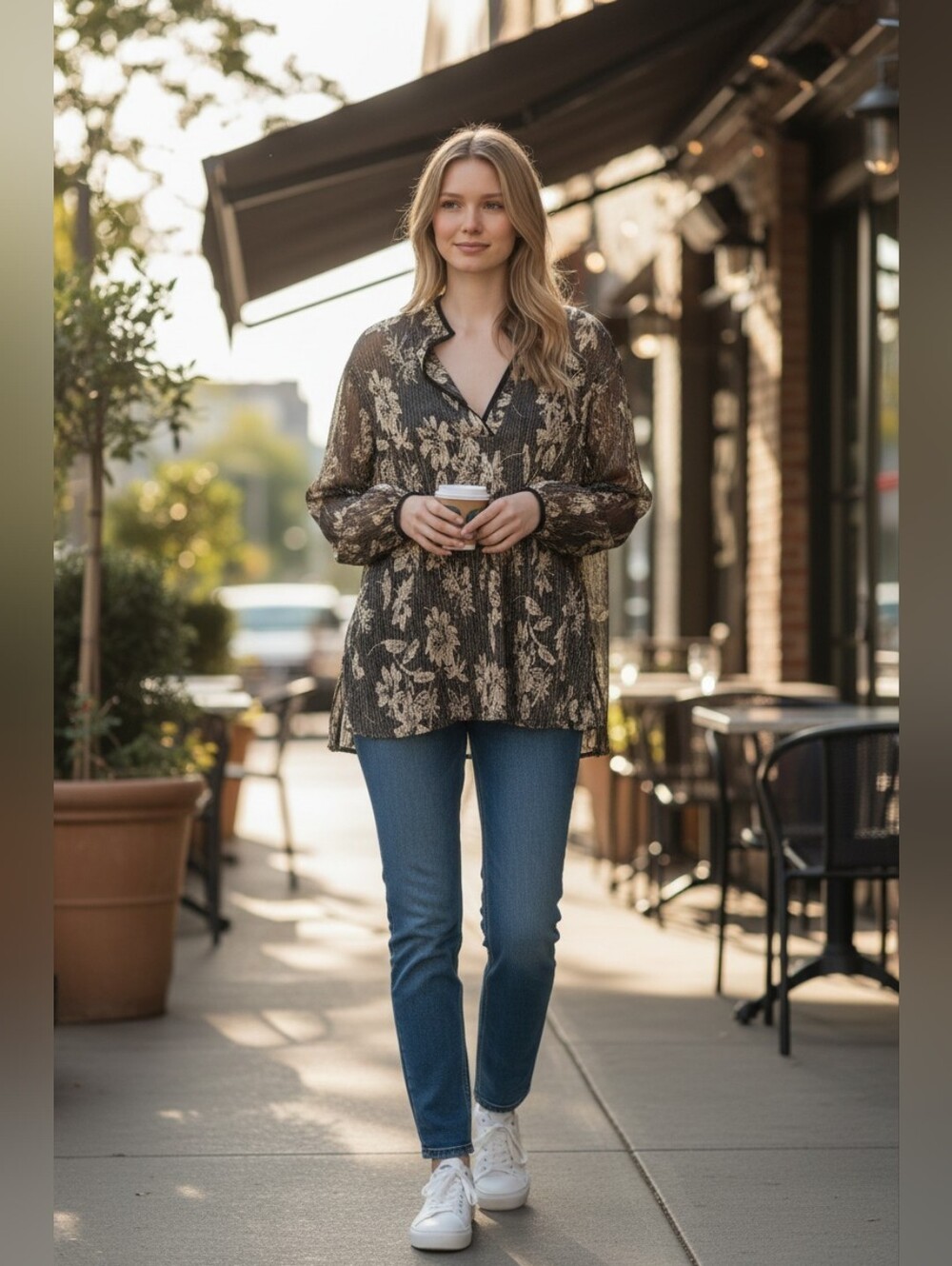 Nwot  Sheer Gold And Black Floral Top